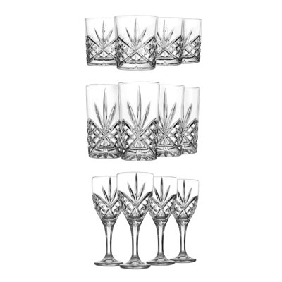 Dublin Crystal 12 Piece Double Old Fashion, Goblet, & Highball Glassware Set