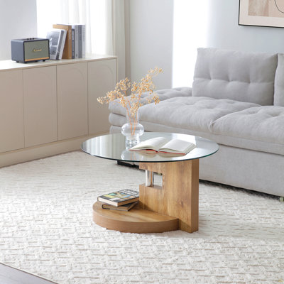 Modern And Practical Double-Layer Round Table. Glass Table Top, Wood Mdf Table Legs. Suitable For Office, Dining Room And Living Room Natural