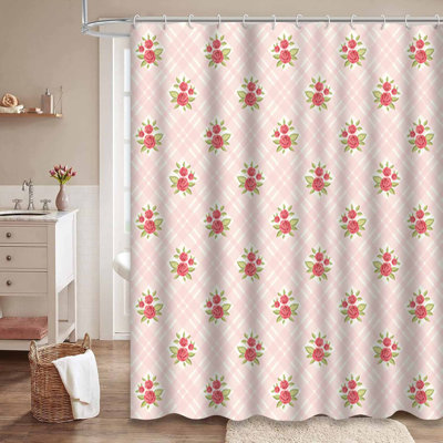 Shabby Chic Roses Vintage Floral Plaid Waterproof Shower Curtain with 12 Hooks