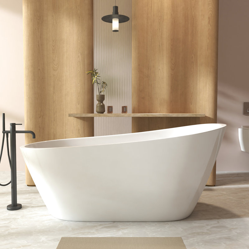 Baignoire autoportante de 59 pouces en blanc brillant, trop-plein, idéale pour la salle de bain avec bonde escamotable et salle de bain de style contemporain