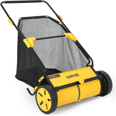 30 Inch Push Lawn Sweeper, 10 Cu. Ft. Manual Leaf & Grass Collector, 10-Position Height Adjustable Yard Sweeper for Lawn, Driveway & Sidewalk, Yellow