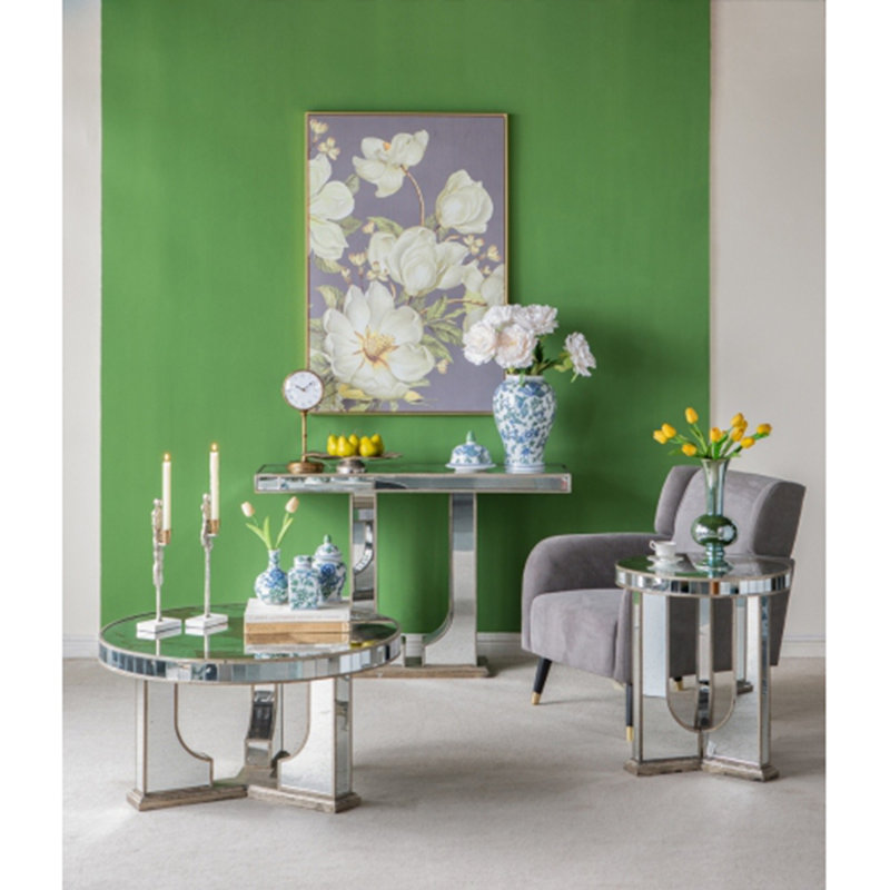 47x15.5x31" Rectangular Console Table with Elegant Floral Design and Mirrored Silver Finish