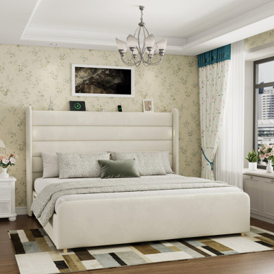 Velvet Upholstered Platform Bed With USB Reading Light & Storage Pockets