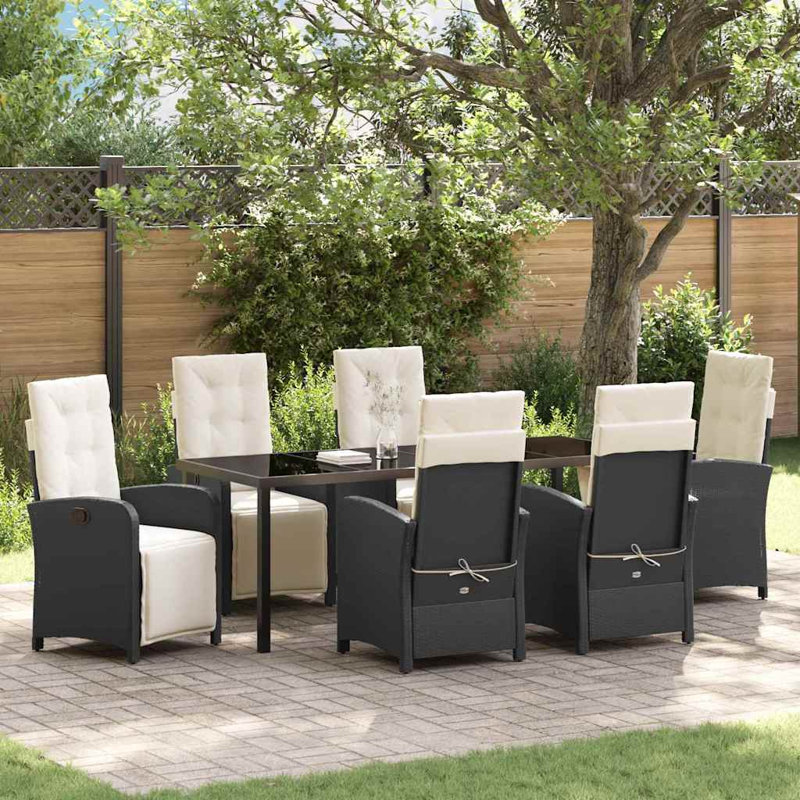 Ensemble de salle à manger de jardin 7 pièces en rotin noir avec sièges confortables et meubles de style moderne