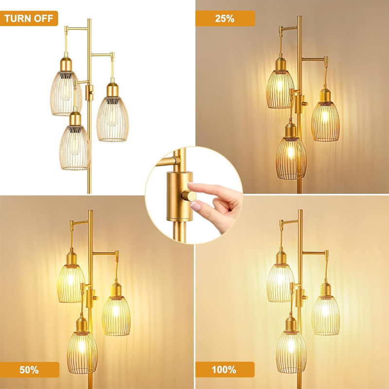 Lightdot 68IN Dimmable Gold Floor Lamp With 3 LED Bulbs, Adjustable Brightness, Modern Brass Standing Lamp For Living Room, Bedroom, Office, Sturdy Metal Base, Easy Assembly