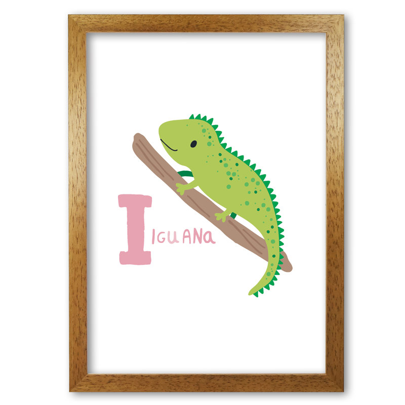 Alphabet Animals, I Is For Iguana - Print, Honey Oak Frame, 60 cm H x 42 cm W x 5 cm D