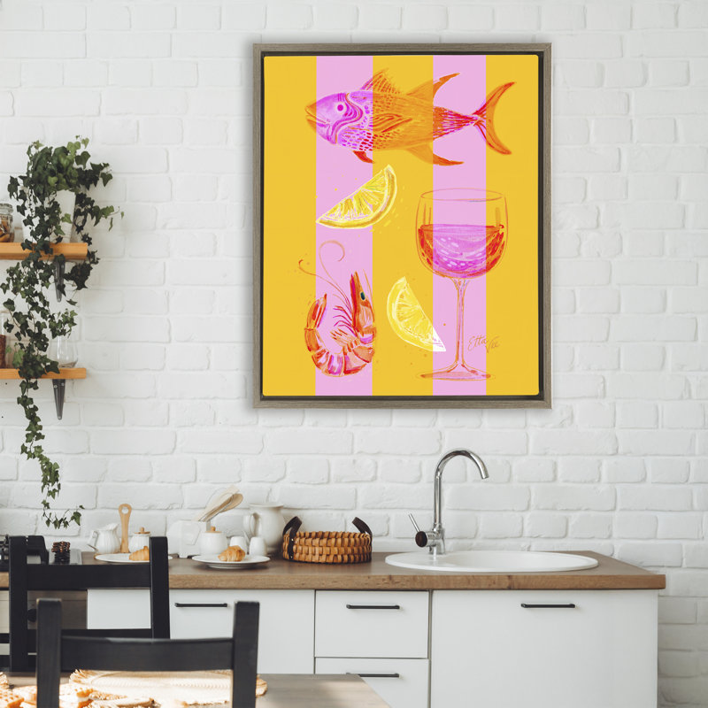 Cadre flottant de fruits de mer d'été sur rayures, design par EttaVee, H 31 po x l 25 po, Cadre flottant orme Montalcino