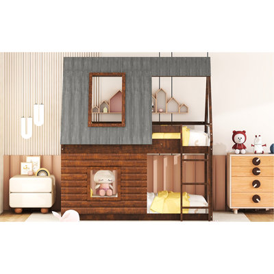 Wood Twin Bunk Bed With House Shape - Oak & Smoky Grey, Roof, , 2 Windows Stable For Bedroom Use