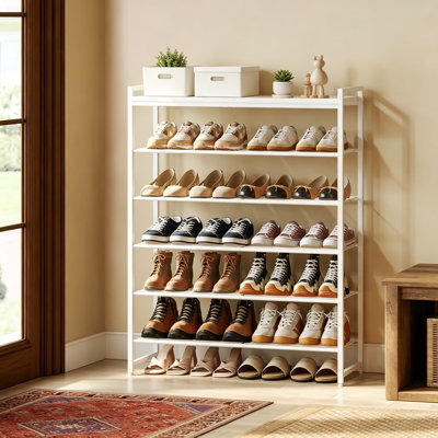 Range-chaussures à 6 niveaux pour 24 à 30 paires, grande étagère à chaussures en métal avec plateau en bois, espace de démarrage réglable, conception étroite pour garde-robe d'entrée, blanc