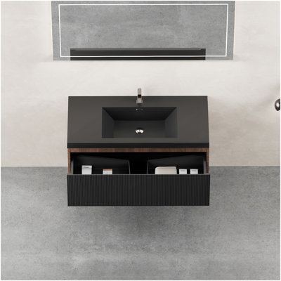 30'' Floating Bathroom Vanity With Sink, Wall-Mounted Striped Bathroom Storage Cabinet With Soft-Close Drawers And Black Quartz Sand Basin, Fully Assembled, Smoked Walnut 24V16-30WAB-W1920P385434