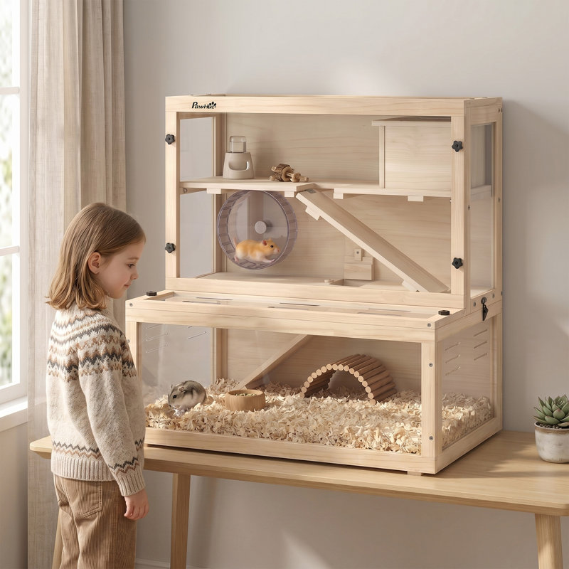 3 Tier Wooden Hamster Cage with Hut Wheel Ramps 80 x 50 x 84 cm