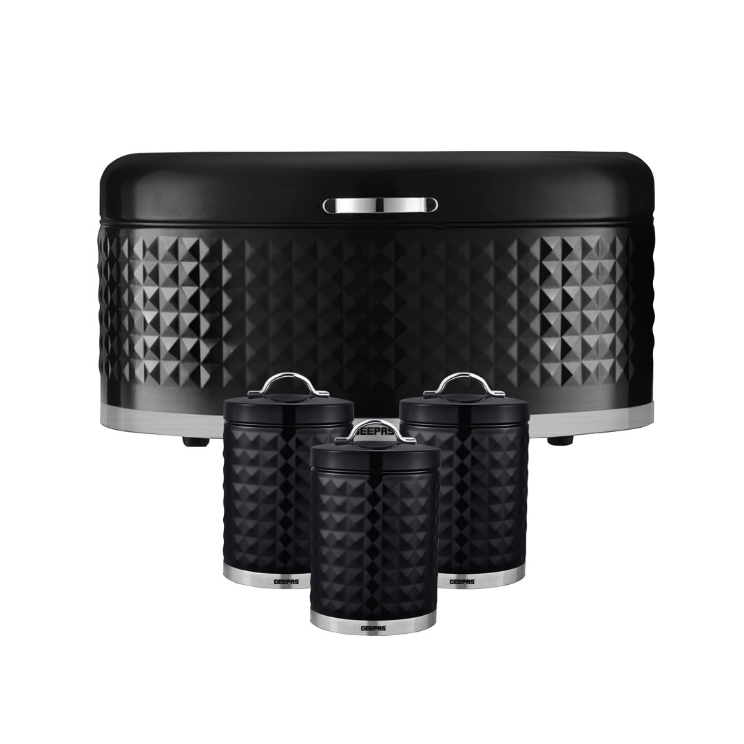 GEEPAS Argyle Tea Coffee Sugar Canister & Bread Bin Set | 13L Bread Box 1.4L Airtight Canister Set | Carbon Steel Build Kitchen Counter Storage Space