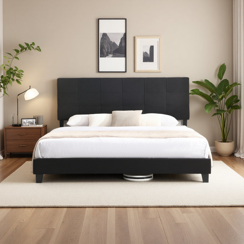 Très grande base de lit tapissier avec tête de lit en tissu de lin, aucun sommier requis, support à lattes de bois, assemblage facile