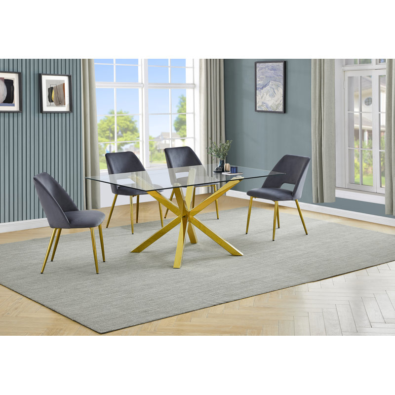 Rectangular 63'' x 39" Glass Dining Set with Velvet Side Chairs and Gold Base, Gray, 5