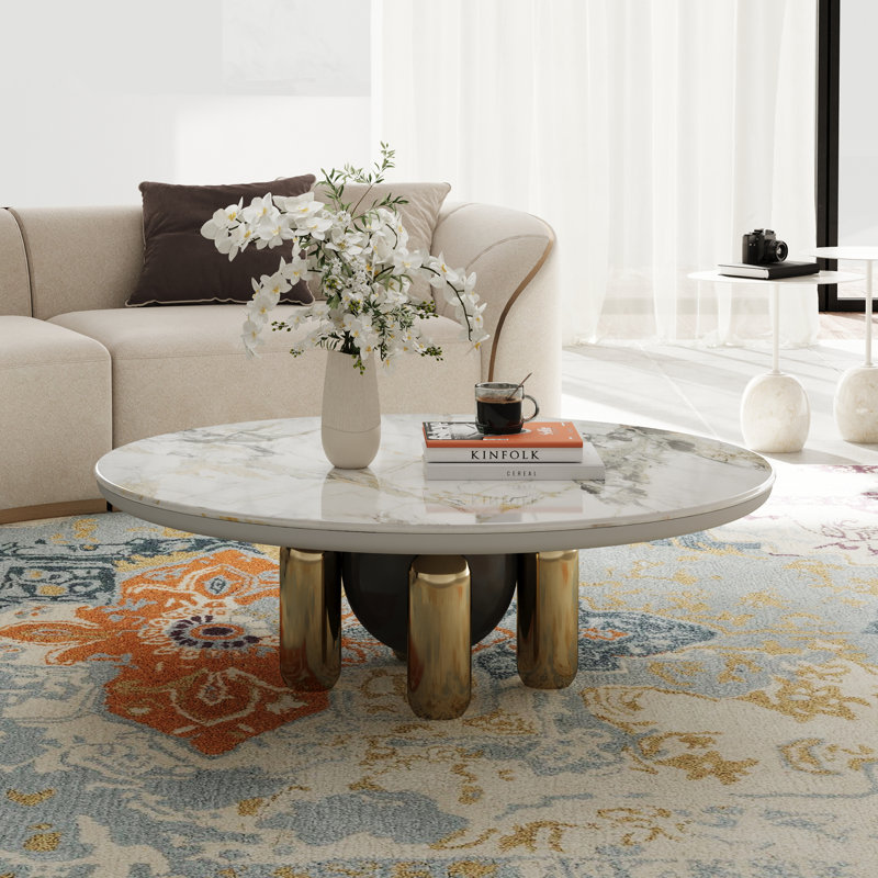 39"  Round Metal and Stone Coffee Table with Hemisphere Base, Modern Luxury Design