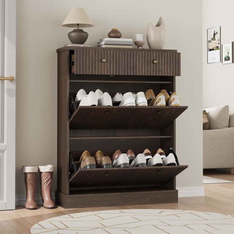 Fluted Shoe Cabinet with 2 Flip Drawers and 1 Drawer, Slim Entryway Shoe Storage Organizer with Adjustable Shelves, Walnut
