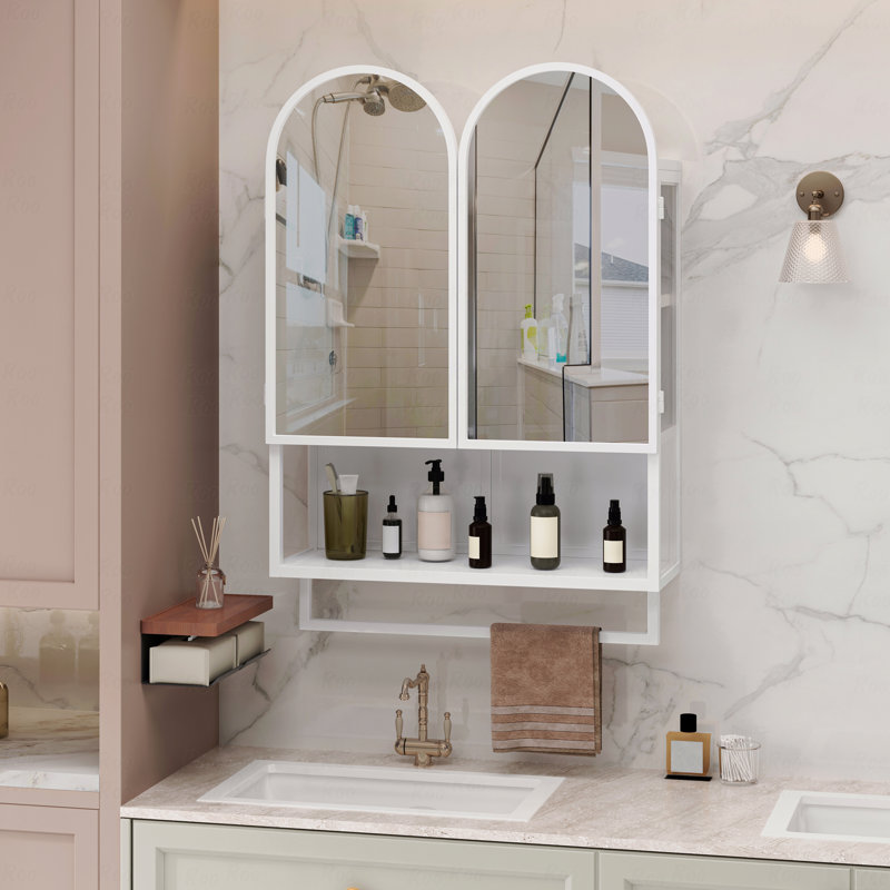 Armoire à miroir à double arche 23,62 po, armoire à pharmacie 2 portes, armoire murale en métal avec tablettes réglables et porte-serviettes, armoire à miroir avec rangement