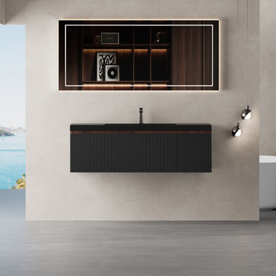 Meuble-lavabo flottant moderne avec conception en bois d'ingénierie, finition noyer fumé pour des espaces de bain élégants avec rangement à fermeture en douceur et bassin de sable noir à quartz durable
