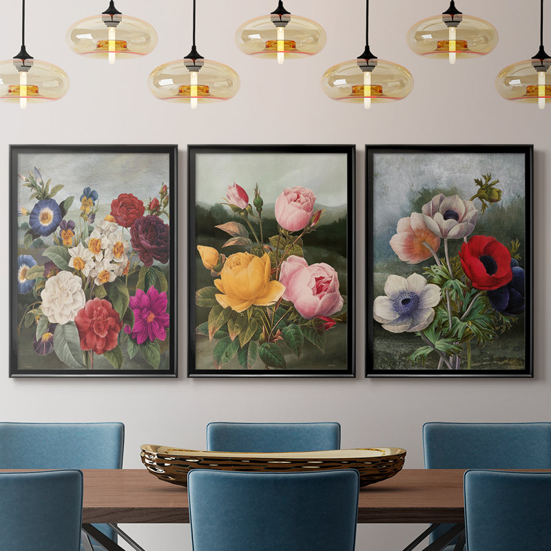 Botanical Landscape I - Toile tendue avec châssis sur mesure - 3 pièces, H 19 po x l 45 po, Noir, noir, noir, noir