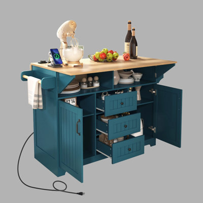 Taverno 55.7" Large Kitchen Island with 2 Drop Leaves | Rolling Kitchen Cart on 5 Wheels with Power Outlet & USB Ports | Folding Storage Dining Table with Spice Rack, Towel Rack & 3 Drawers