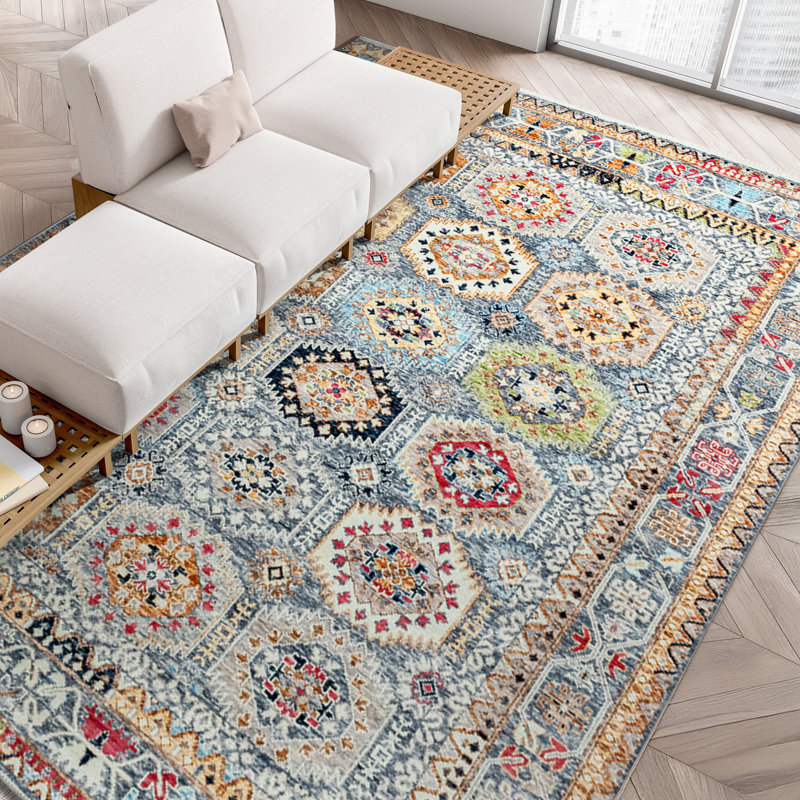 Wool Geometric Area Rug in Blue/Beige, Rectangle 9' x 12'