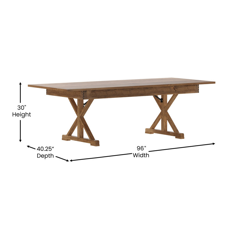Eternity Rectangular Solid Pine Farm Dining Table with Folding X-Style Legs, 40.25" W X 96" L, Rustic Pine