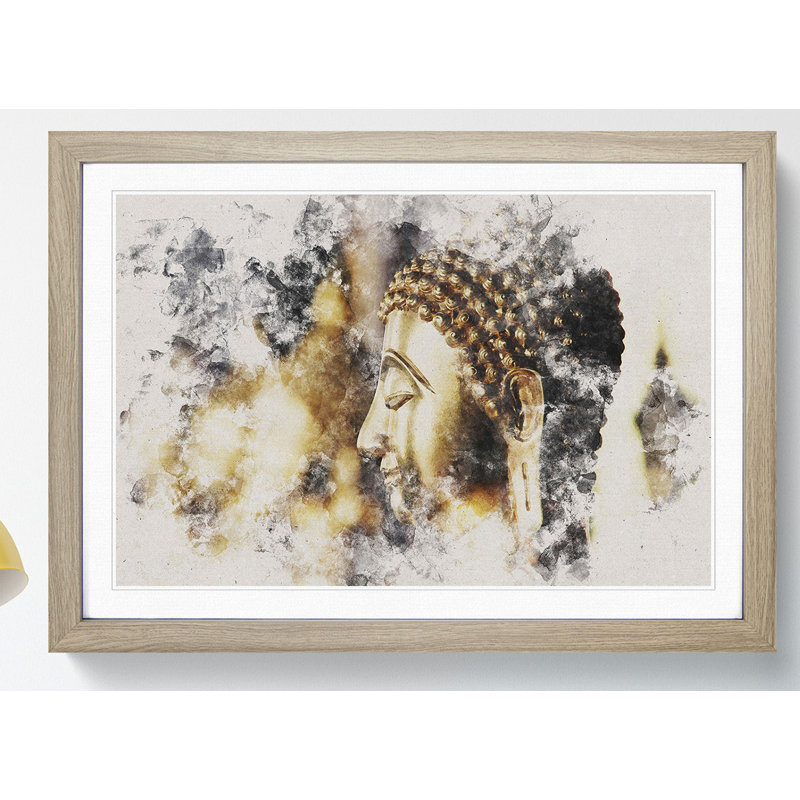 Buddha Statue Vol.5 Watercolour - Picture Frame Graphic Art, 65cm H x 90cm W x 2cm D, Oak
