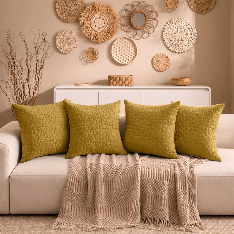 Aspire Homeware Geometric Square Velvet Cushion Covers, Pack of 4, Ochre