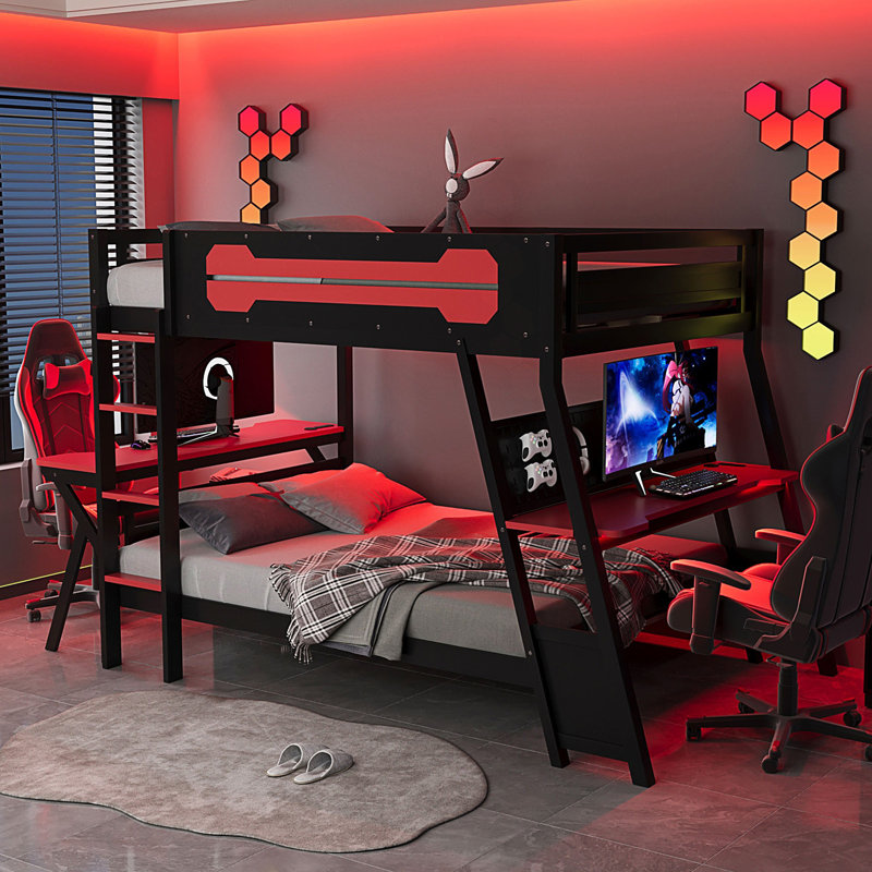 Lit superposé double avec deux bureaux de jeu intégrés, ports USB et organisateur de panneau perforé, Rouge, Lit double