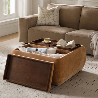 Lessman 37.25"W Mid-Century Modern Chenille Ottoman with Reversible Wood Tray Top and Storage