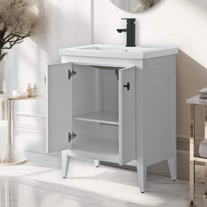 Laval 24" Single Sink Freestanding Bathroom Vanity with White Ceramic Top, Linear Natural Oak, Matte Black, 24"