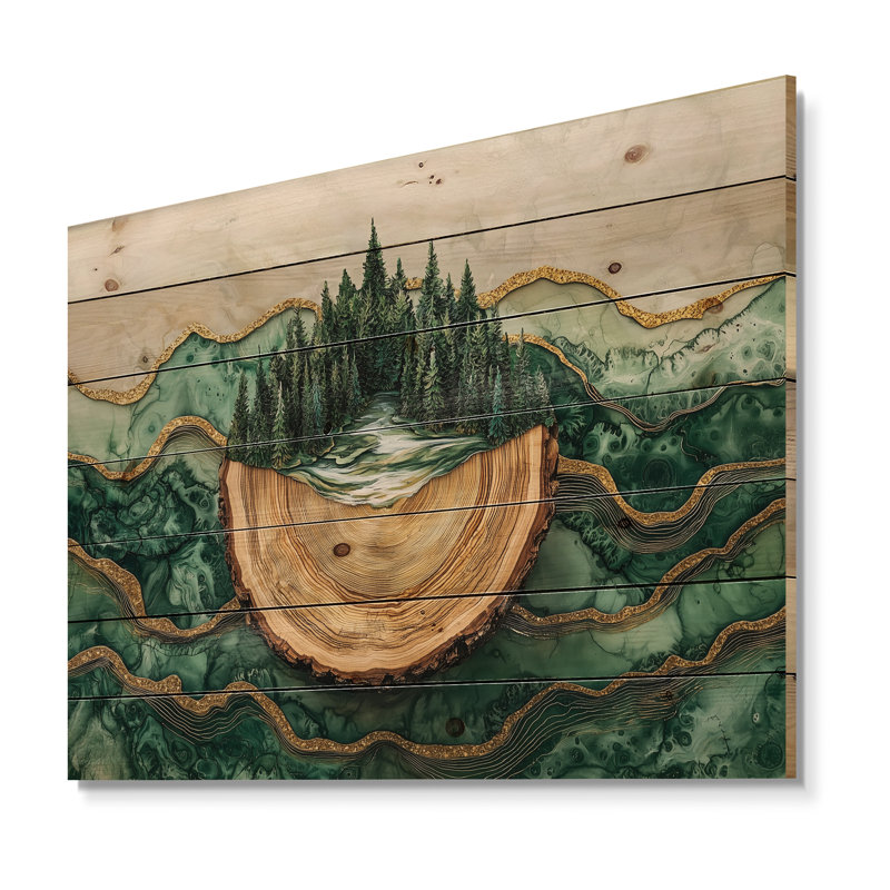 «Bold Forest Landscape Path Of The Emerald River I», impression sur bois de forêt - sur bois de pin naturel