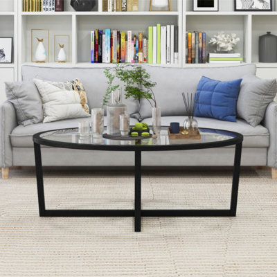 Glass Coffee Table Oval Living Room Table with Cross Base and Acacia Wood Legs