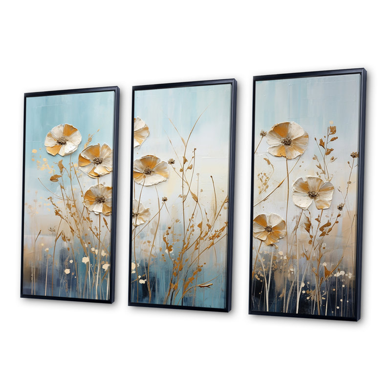 Beige Wildflowers Breeze III - ensemble d'art sur toile Wildflowers, Cadre flottant noir, H 28 po x l 36 po x P 1 po