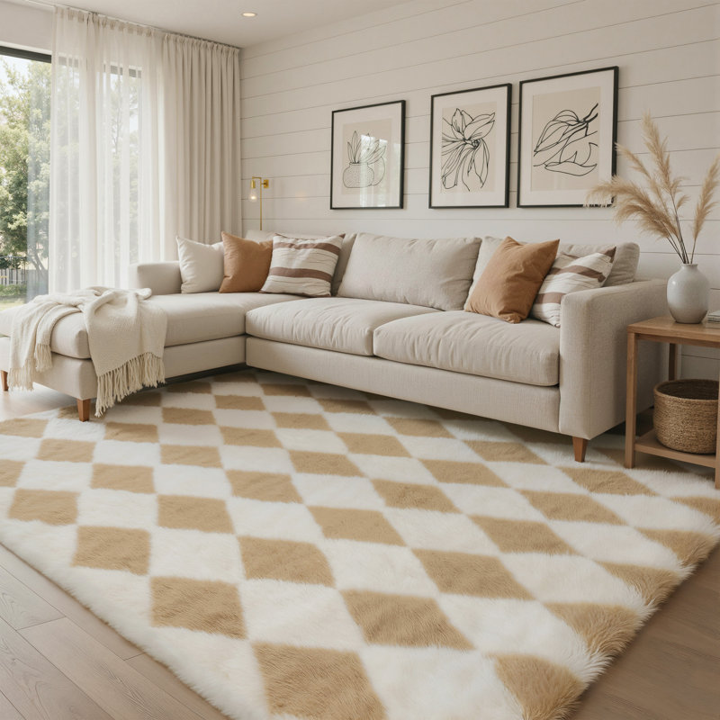 Modern Beige/Brown Machine-Washable Checkered Shag Area Rug, Rectangle 5' x 7', Beige