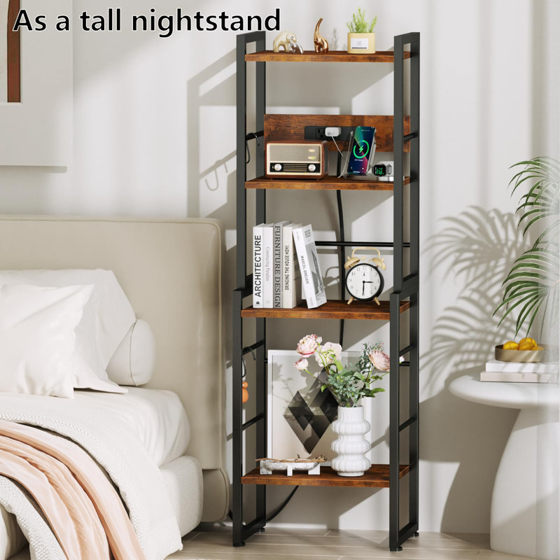 Rustic Brown Industrial Display Shelf With Charging Station, Stackable Organizer For Living Room/Bedroom