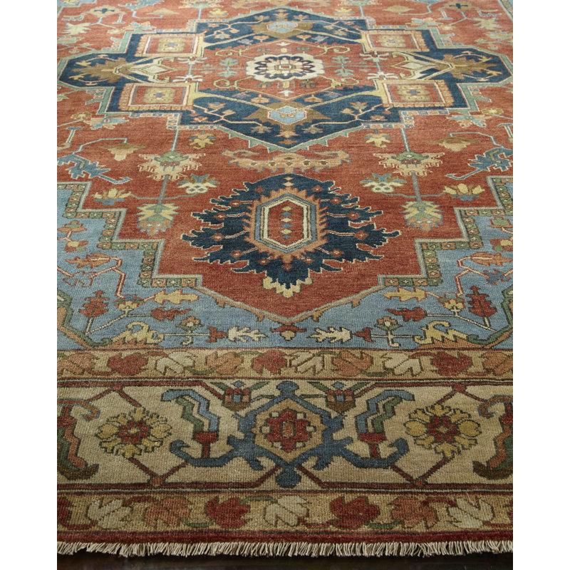 Antique Weave Serapi Oriental Hand-Knotted Wool Rust/Blue/Navy Area Rug, Rectangle 10' x 14'