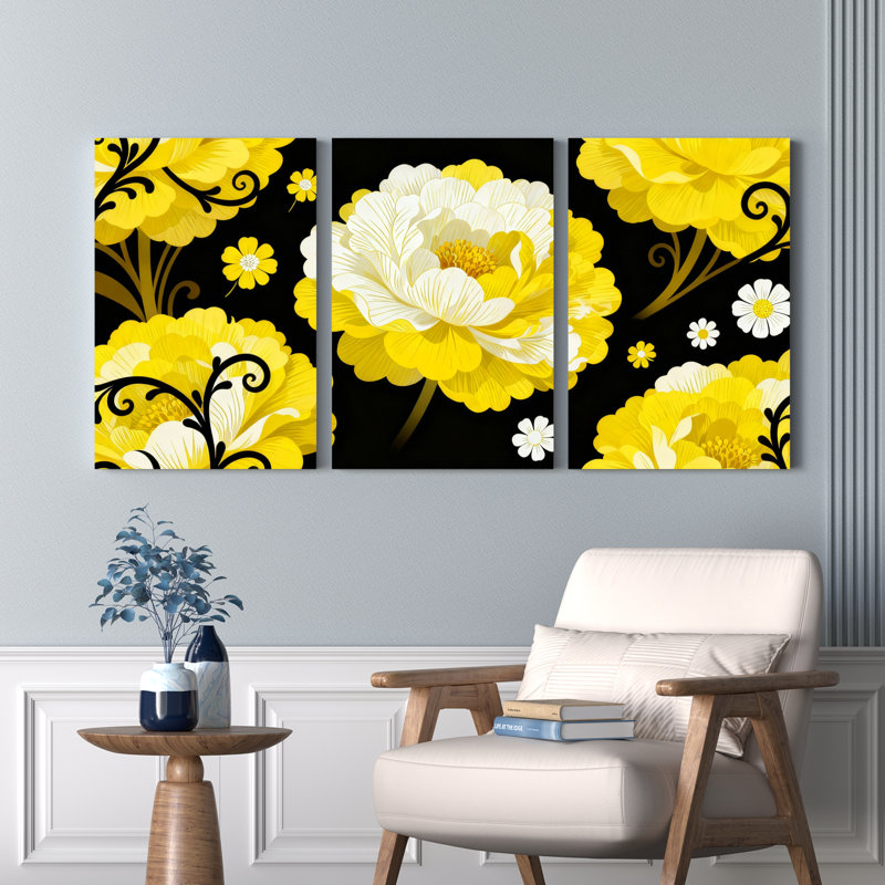 Tableau sur toile à motif floral jaune (paquet de 3), H 30 po x l 60 po