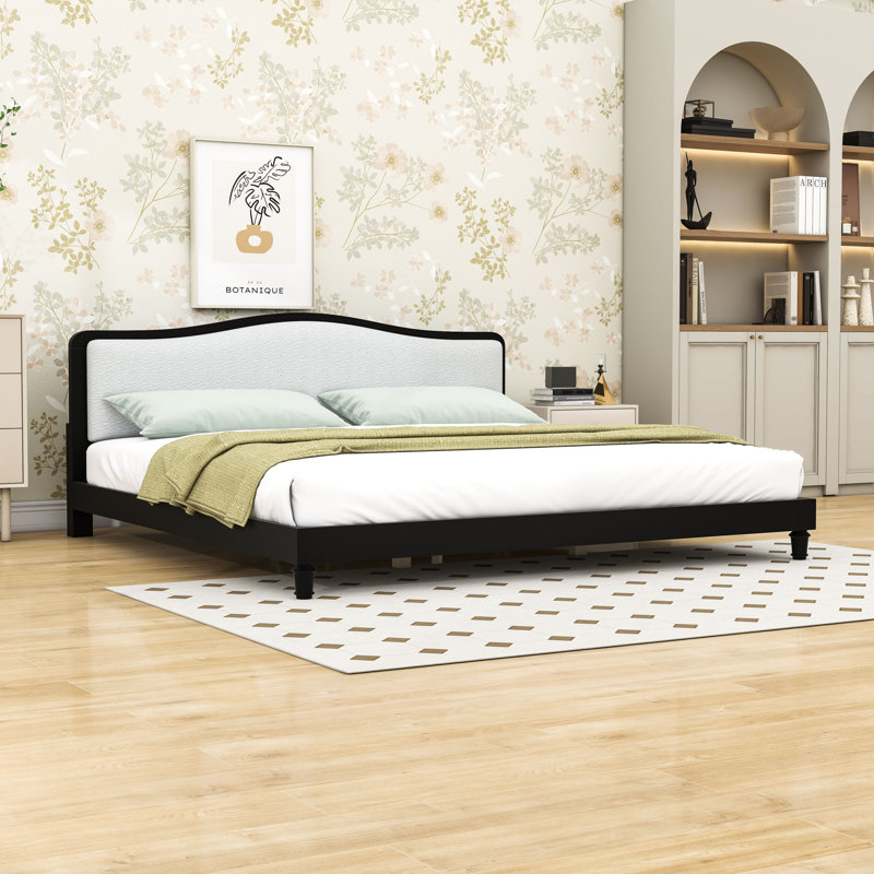 Lit plateforme en bois avec tête de lit tapissier, Très grand lit, Noir / blanc