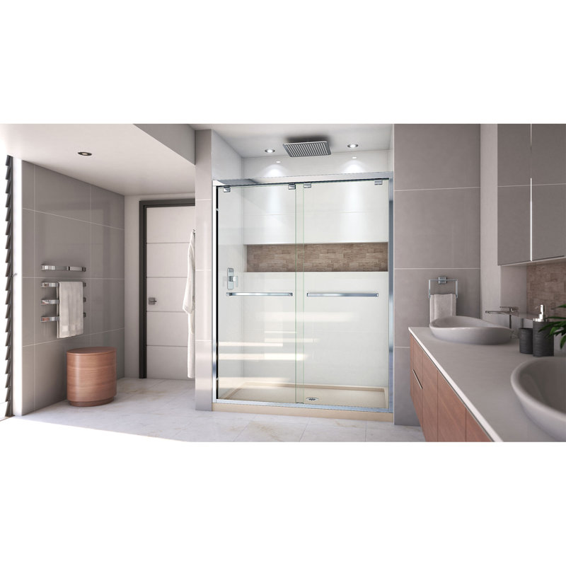 Encore 78.75" H Semi-frameless Sliding Shower Enclosure, Chrome/Biscuit, Center