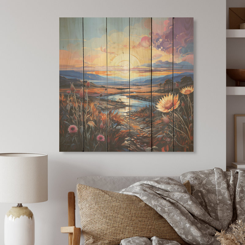 Thistle Flower Field Sunset I - Art mural en bois sur fond de bois de pin naturel, H 25 po x l 25 po