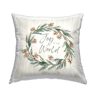 Joy Pinecone Wreath Decorative Printed Throw Pillow by Kristen Brockmon