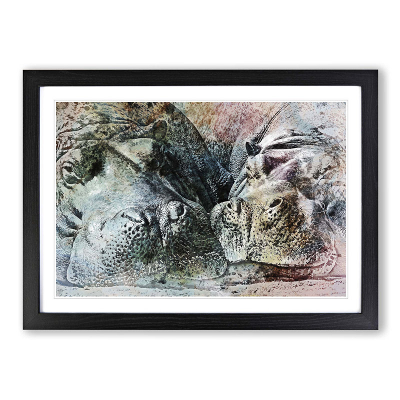 Pair of Sleeping Hippos in Abstract - Picture Frame Graphic Art Print, Black Framed, 27cm H x 36cm W x 2cm D