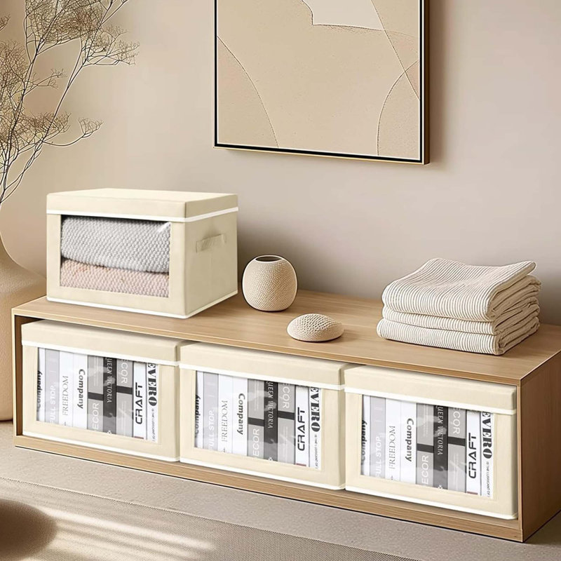 Paquet de 4 paniers de rangement avec couvercles - Organisateur de placard en tissu, panneau de fenêtre, pliable, beige, vêtements