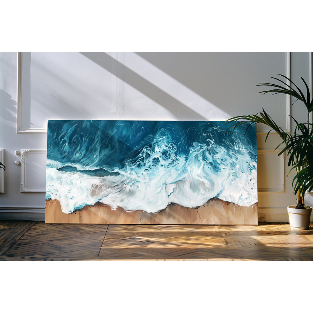 Leinwandbild gerahmt 120x60cm Strand von Oben Ozean Wellen Meer Abstrakt Kunstvoll