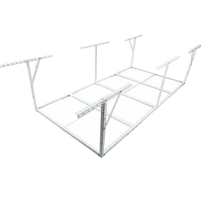 Support de garage blanc en métal 4 x 8 pi, 600 lb Capacité de charge, 22 po à 40 po réglable sur le plancher pour le garage à outils, capacité, rangement pour outils rabattables