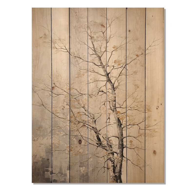 Arbres de chêne beige Solitude I - Art de chêne sur bois de pin naturel, H 20 po x l 10 po