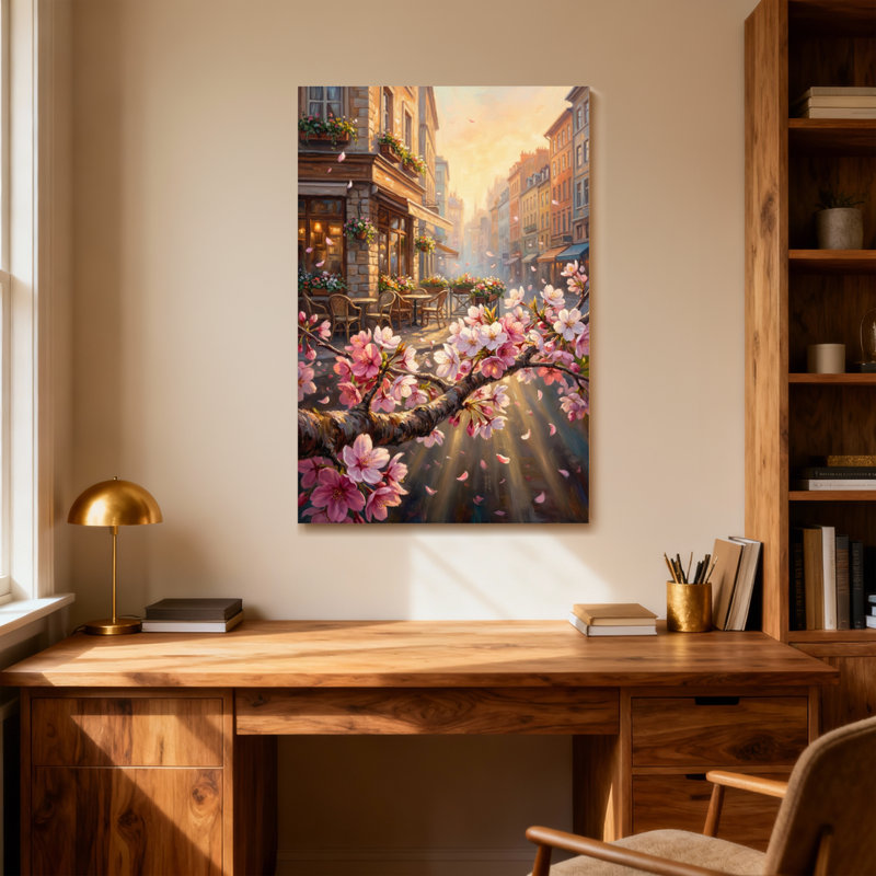 Plantes et fleurs Cherry Blossoms City Street Sunset Fleurs printanières chaleureuse, H 48 po x l 32 po