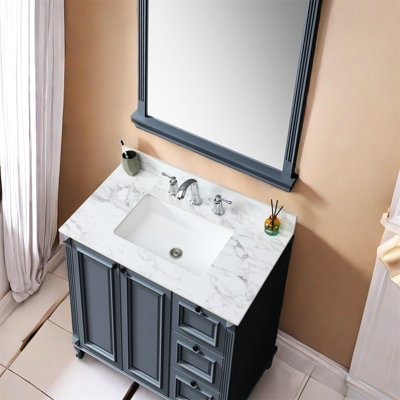 Meuble-lavabo fritté blanc pierre - 37 po x 22 po avec lavabo en céramique 3 trous pour comptoir blanc serein, lavabo encastré rectangulaire, durabilité à long terme, décor classique