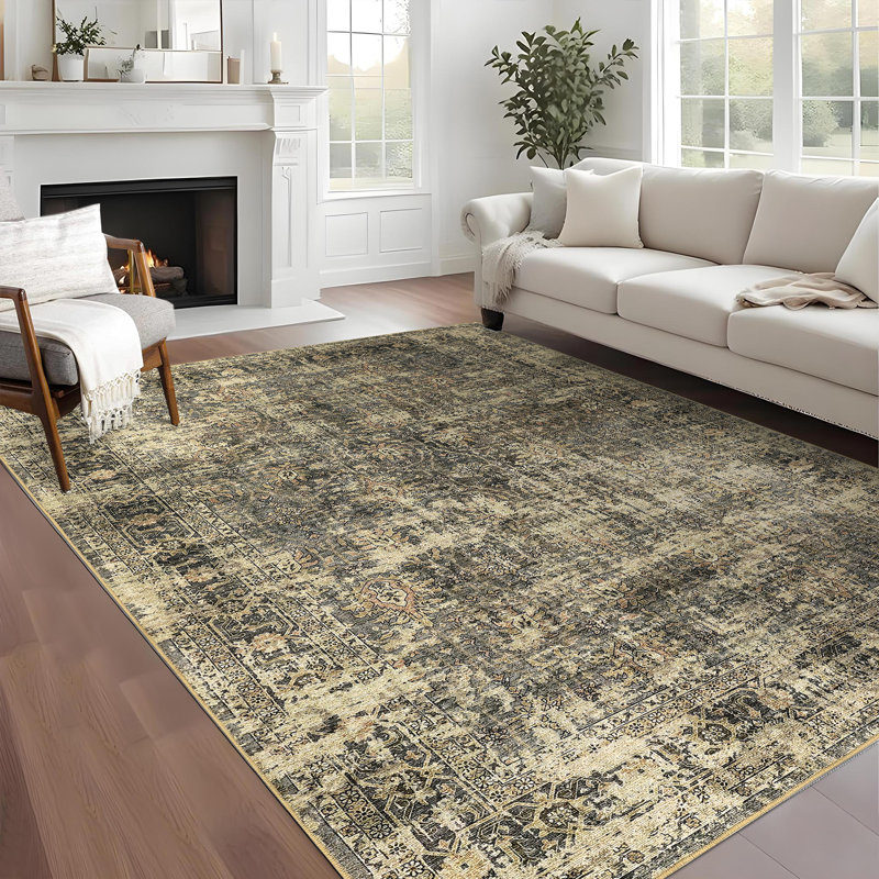 Machine Washable Rug Oriental Vintage Non-Slip Low Pile Rubber Backing Area Rug for Living Room Bedroom Kitchen Dining Room